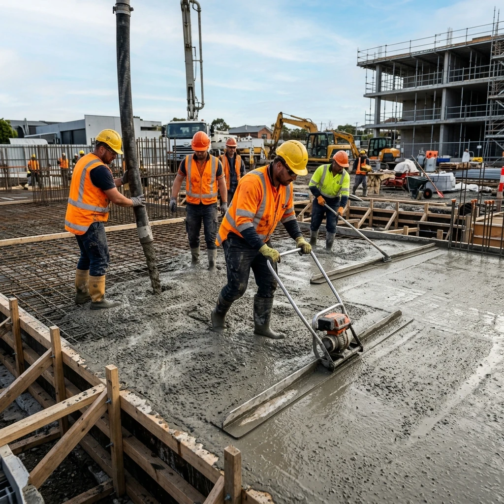 Fresh reinforced concrete slab being poured and levelled by construction workers