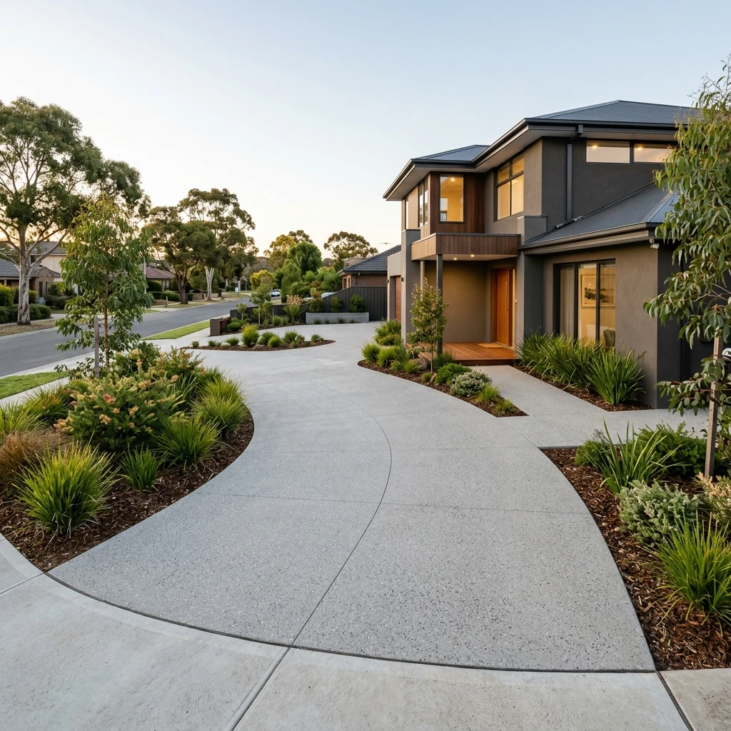 Finished modern Australian concrete driveway and pathways
