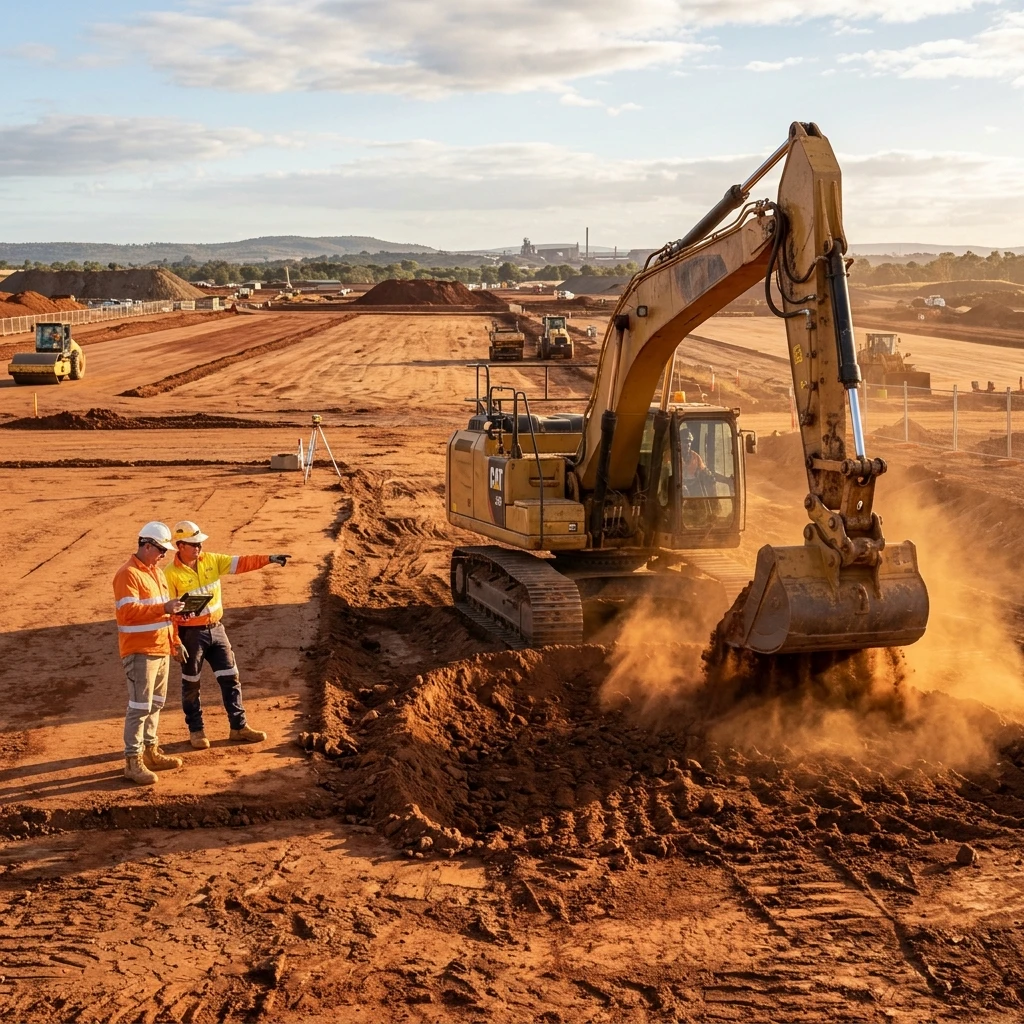 Excavator grading a construction site for concrete preparation